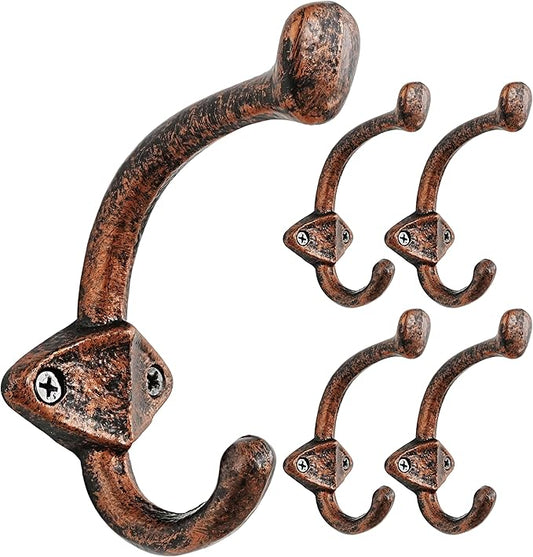 Dseap Cast Iron Wall Hooks L=5”, Heavy Duty Coat Hooks, Rustic Vintage Farmhouse Hook for Hanging Winter Coats Jackets Towels Hats Bags Plants, Antique Copper, Pack of 5 (ShieldBold)