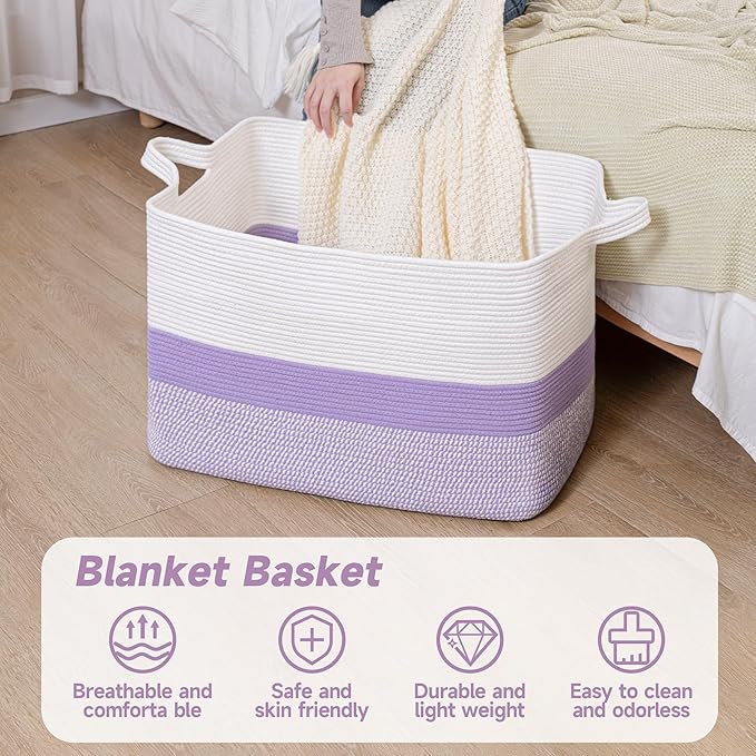 CLHMILY&Z Stylish Square Cotton Rope Storage Basket (Purple & White, 110L)