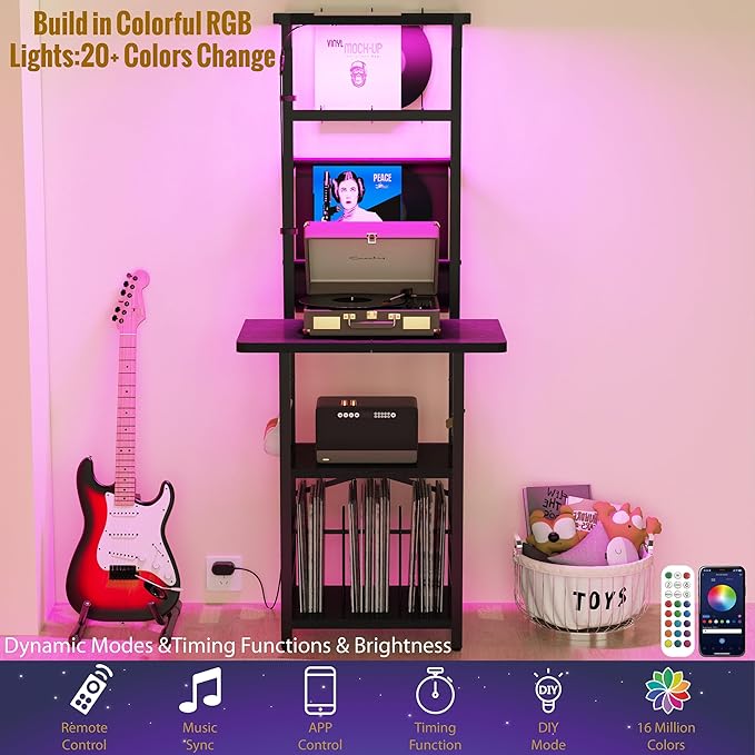 Record Player Stand with Led Light,Record Player Table with Vinyl Storage,Turntable Stand with Record Holder Vinyls Display Shelf for Music Room Studio,Black
