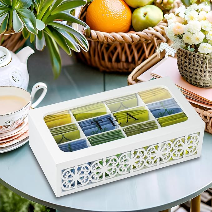 handrong Tea Box,Wood Tea Organizer and Storage,12 Compartments Tea Bag Holder Organizer with Clear Window for Countertop Kitchen Cabinet Pantry