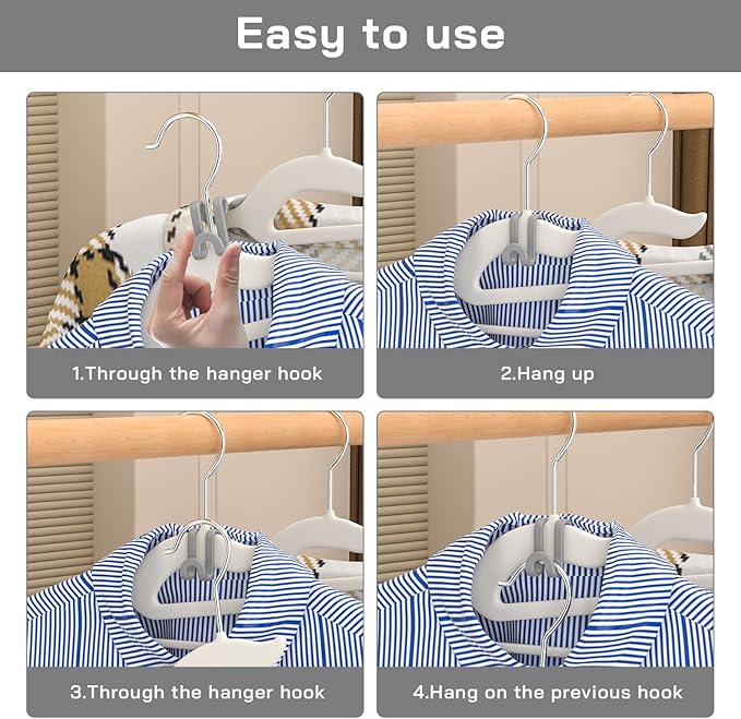 Tinfol Gray 60pc Hanger Connector Hooks and 20pc Hanger Clips, Stackable Space Saving Hook - Hangers Finger Clips, Hangers Organizer Accessories for Closet Organizers