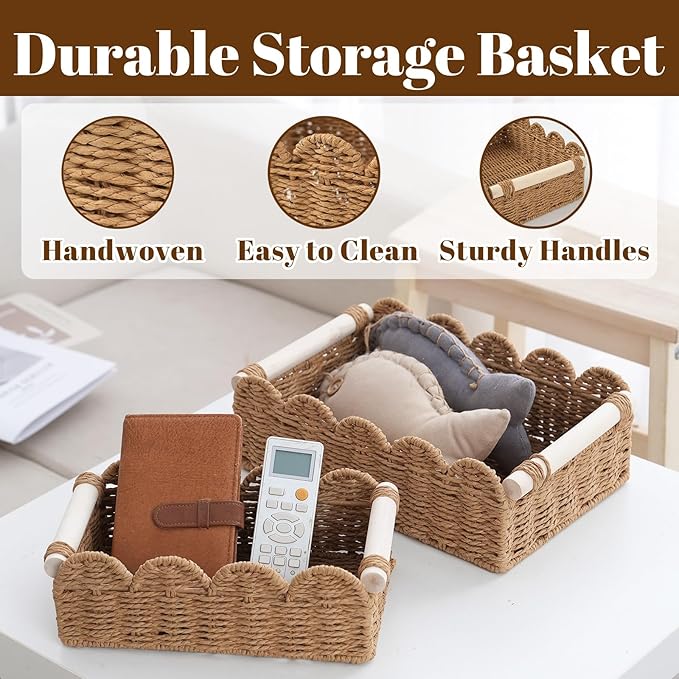 2-Pack Wicker Storage Baskets, Small & Big Scalloped Laundry Baskets for Shelves, Boho Bathroom Decor Organizer with Handles for Toilet Paper, 11.8x7.9x3.9 & 9.8x5.9x3.5 Inch