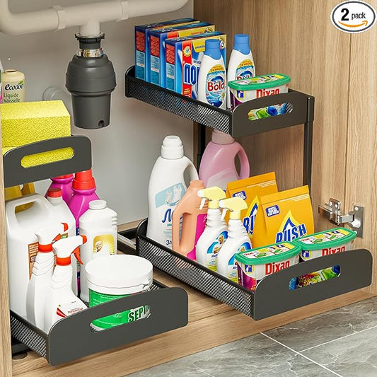 YASONIC Under Sink Organizer, Metal 2 Pack Height Adjustable Under Kitchen Sink Organizer with Pull Out Drawer, 15.9 Inches Cabinet Organizers and Storage for Kitchen & Bathroom Black