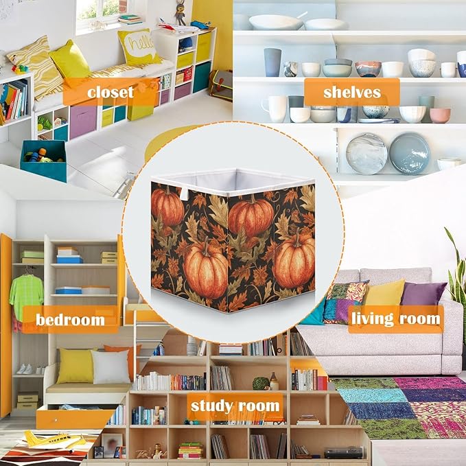 Bolaz Vintage Pumpkin Maple Leaf Closet Organizers Storage Cubes Storage Bins Shelf Baskets Containers for Home Room Office,Square