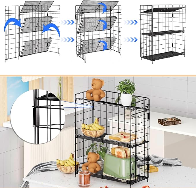 Spice Rack Organizer, 3 Tier Adjustable Height Spice Rack, Installation Free, Foldable Multi-Purpose Storage, Suitable for Kitchen/Bathroom/Home/Office