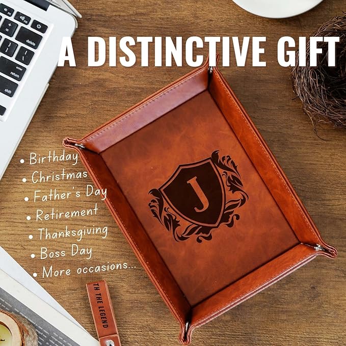 INNObeta Initial Valet Tray, Desktop Storage Organizer, PU Leather Bedside Tray Key Coin Holder, Personalised Gifts for Men, Birthday, Christmas, Letter C