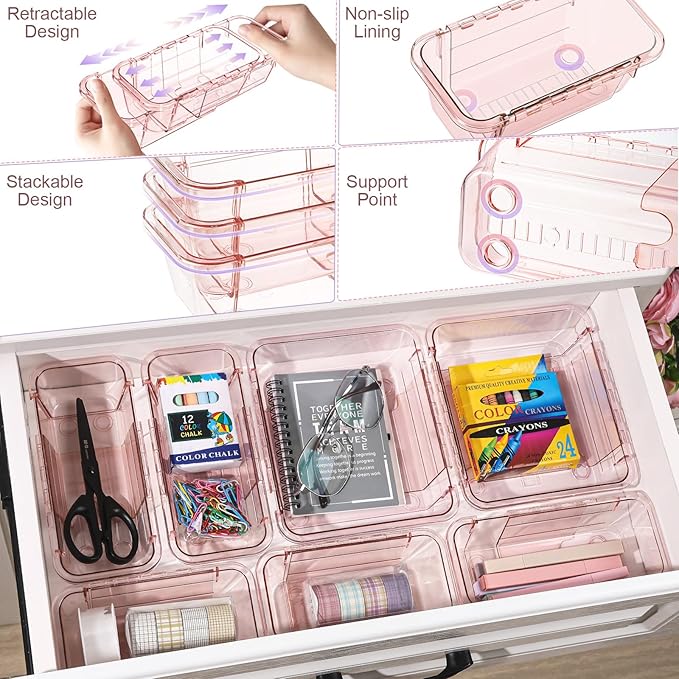 20 Pcs Adjustable Clear Drawer Organizer, All Extendable Vanity Storage Bins, Desk Drawer Organizer Set for Makeup, Cosmetics, Bedroom, and Gadgets, Pink