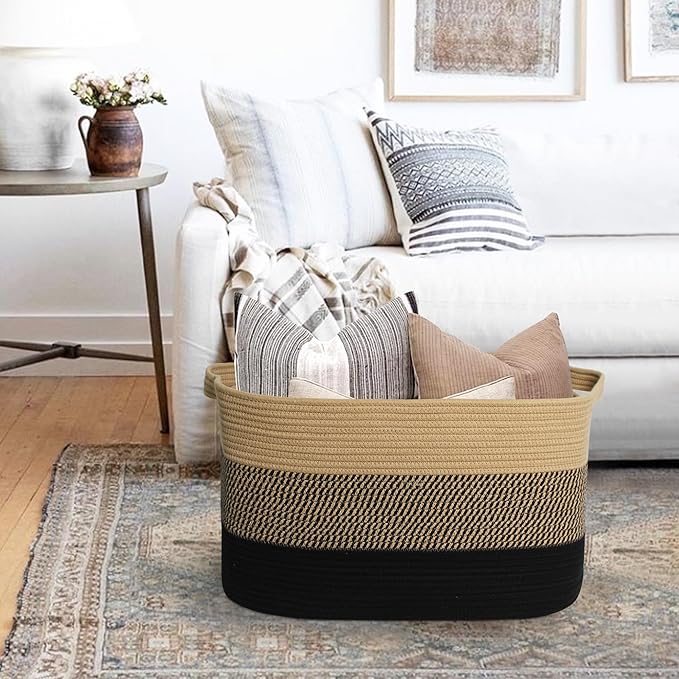 Extra Large Blanket Basket, 23.6"x15.7"x14.1" Woven Blanket Storage for Living Room, Oversized Wicker Floor Basket, Big Cotton Rope Kids Dog Toy Bin Box, Decorative Rectangle Pillow Holder