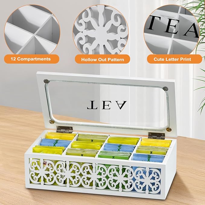 handrong Tea Box,Wood Tea Organizer and Storage,12 Compartments Tea Bag Holder Organizer with Clear Window for Countertop Kitchen Cabinet Pantry