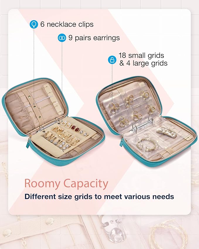 BAGSMART Jewelry Travel Organizer Case for Home Jewelry Organizer Storage Ring Binder Clear Bags Zipper Rolls Pouch for Necklaces, Earrings, Rings, Bracelets, Teal