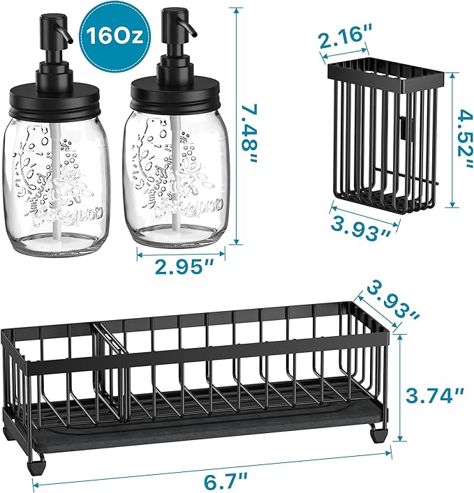 Mason Jar 16 oz Liquid Soap Dispensers Set with Large Kitchen Sink Caddy, Black Rustproof Stainless Steel Pump, Refill Hand Soap, Dish Soap, Vintage Farmhouse Decor for Bathroom, Kitchen
