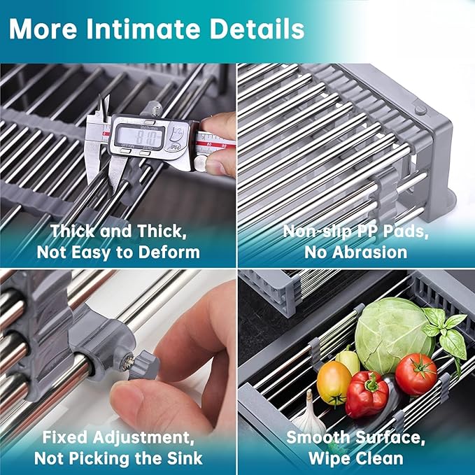 TUTEW Dish Drying Rack, Stainless Steel Dish Drainer with Adjustable Arms Holder Functional Kitchen Sink Organizer for Vegetable and Fruit, Gray Large
