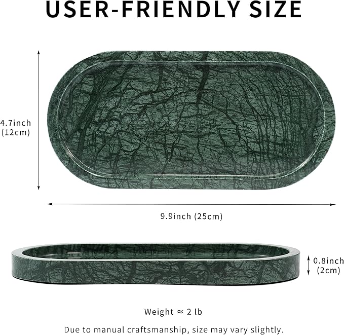 Green Marble Oval Tray - Stone Decorative Perfume Trinket Jewelry Dish, Catchall Organizer for Bathroom Vanity Dresser Kitchen Countertop Home Decor
