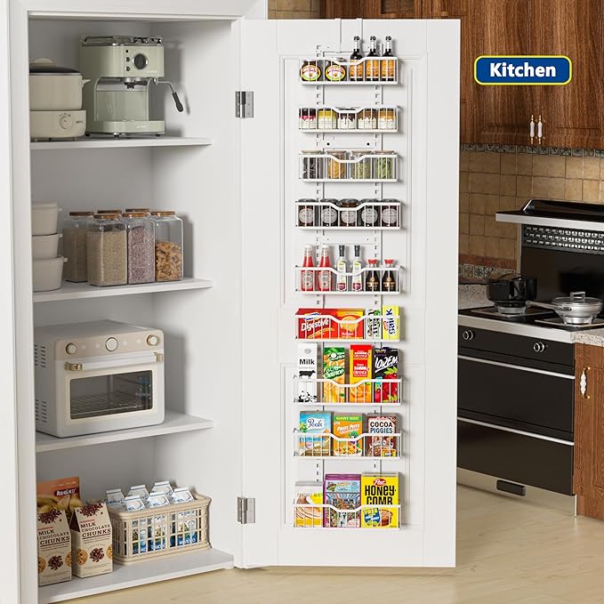 EVERIE 9-Tier Over the Door Storage Rack, Metal Hanging Organizer with Heightened Plate Bottom Baskets and Enlarged Hanging Slots, Kitchen Pantry Shelves