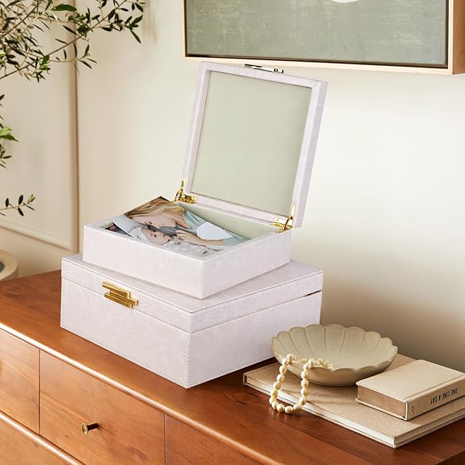 HofferRuffer Square Decorative Boxes, Set of 2 Nesting Storage Memory Keepsake Boxes with Lids, Stylish PU Leather Trinket Jewelry Organizer Box for Home Decor and Storage (CreamWhite Croco)