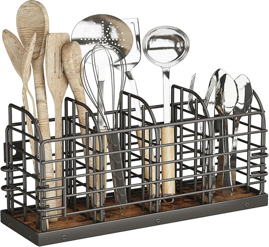 Large Utensil Holder for Kitchen Counter, Wall Mounted Cooking Utensil Holder with 4 Adjustable Compartments, Countertop Caddy, Kitchen Organizer for Countertop, Pantry, Party, Rustic Black and Brown