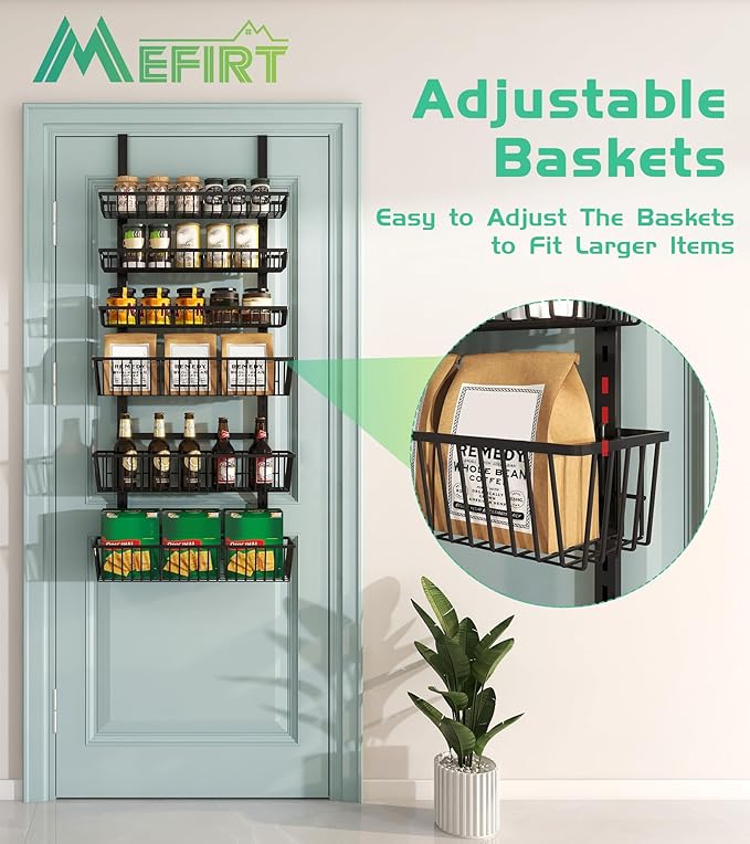 Over The Door Pantry Organizer, Pantry Organization and Storage, 8-Tier Deep Baskets Hanging Heavy-Duty Metal, Wall Spice Rack Seasoning Shelves for Home & Kitchen, Laundry Room Bathroom, Black