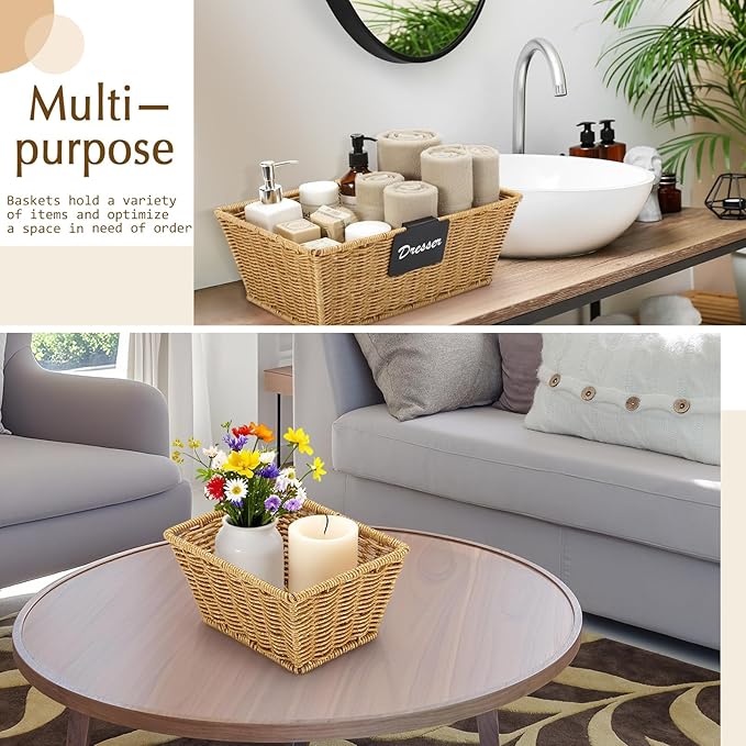 Marsui 6 Pcs Wicker Storage Baskets with Labels Handwoven Multi-size Natural Wicker Storage Bins for Organizing Small Baskets Container for Shelves Closet Pantry Toilet(Natural)