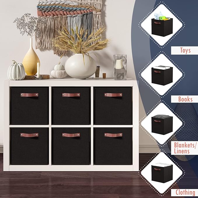 Ornavo Home 11 x 11 Storage Cube Bins, Foldable Collapsible Fabric Storage Bins Box Linen Shelf Basket Cube Organizer for Closet with Leather Handles, 6 Pack, Black