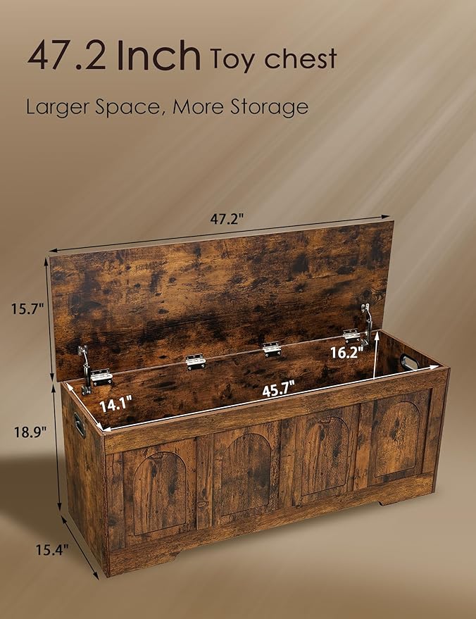 DINZI LVJ Storage Chest, 47.2âWooden Storage Box with 2 Safety Hinges, Entryway Shoe Bench with Flip-Top, Large Trunk for Living Room, Bedroom, Easy Assembly, Rustic Brown