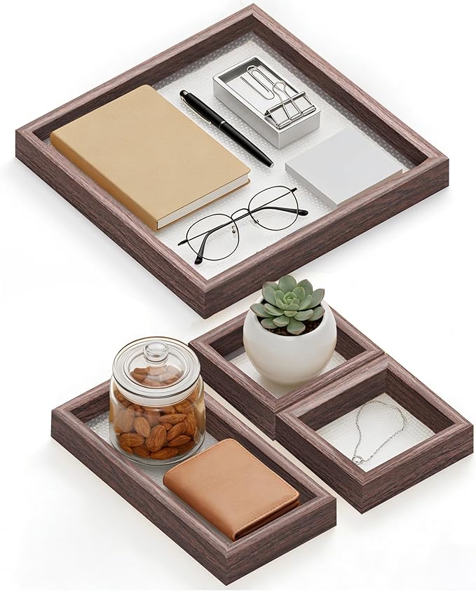 Small Bathroom Countertop Wooden Tray Set of 4 for Vanity and Toilet Tank, Stackable Desk Drawer Organizer, Walnut