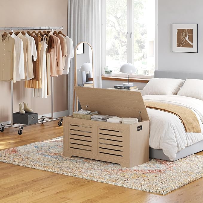 DINZI LVJ Storage Chest, 39.4âWooden Storage Box with 2 Safety Hinges, Entryway Shoe Bench with Flip-Top, Farmhouse Style Trunk for Living Room, Bedroom, Play Room, Easy Assembly, Natural