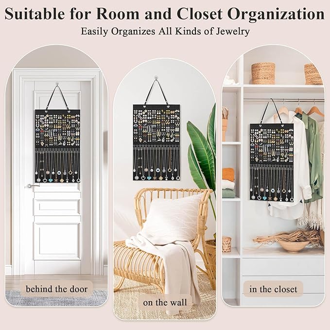 Caffox Hanging Jewelry Holder, Large Earrings Necklaces Organizer Storage for Earrings, Necklaces, Bracelets, Enamel Pins and Ankles, Jewelry Display Storage Hanger for Wall, Closet and Door