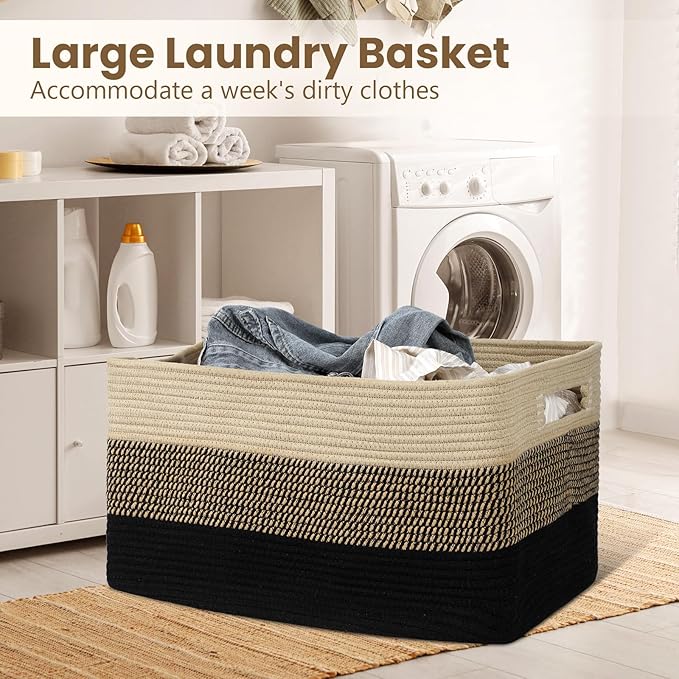 95L Large Blanket Basket, Woven Storage Baskets with Reinforced Handles, Rope Laundry Basket for Living Room, Bedroom, Nursery, Toys, Clothes,Pillows, 24â x 17â x 13.5â, Black & Brown