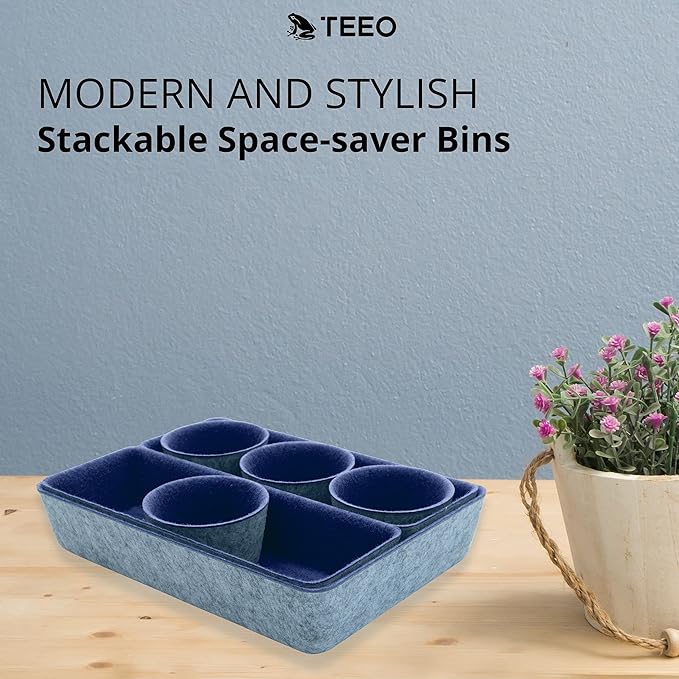 Teeo - Organizer for Drawers - Desk Drawer Organizers and Storage - Make Up Draw Organizers - Kitchen Drawer Organization - Home Office Cosmetic Bins Dividers Box Compartment - Pack of 7, Navy