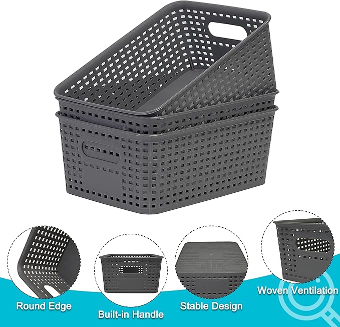 Soddeph 3 Pack Plastic Storage Baskets with Handles,Stackable Organizer Bins for Closet, Bathroom, Kitchen, Office, Shelf and Cabinet Organization (Gray, Grid-3PACK)