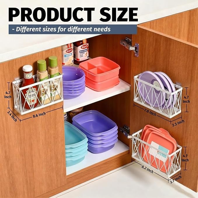 Adhesive Cabinet Organizer, Wall Mounted Lid Organizer, No Drill Kitchen Cabinet Storage for Slim Space, 3 Pcs White Stainless Steel