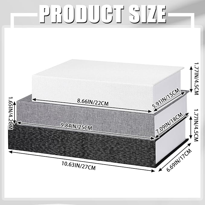 Tioncy 3 Pcs Fake Book Box Neutral Linen Book Box Decorative Faux Prop Storage for Farmhouse Home Decor shelf Table Card Photo DIY Keepsake Gift(Multi Sizes,Black, White, Dark Gray)
