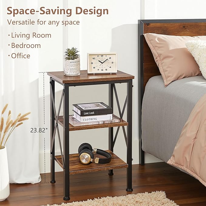 VECELO End Table, 24" Tall Living Room Side Tables, X-Design Reinforced Bedside Table, Nightstands with 3-Tier Storage Shelves for Small Spaces, Office, Bathroom, Bedroom, Retro Brown, 1 Pack
