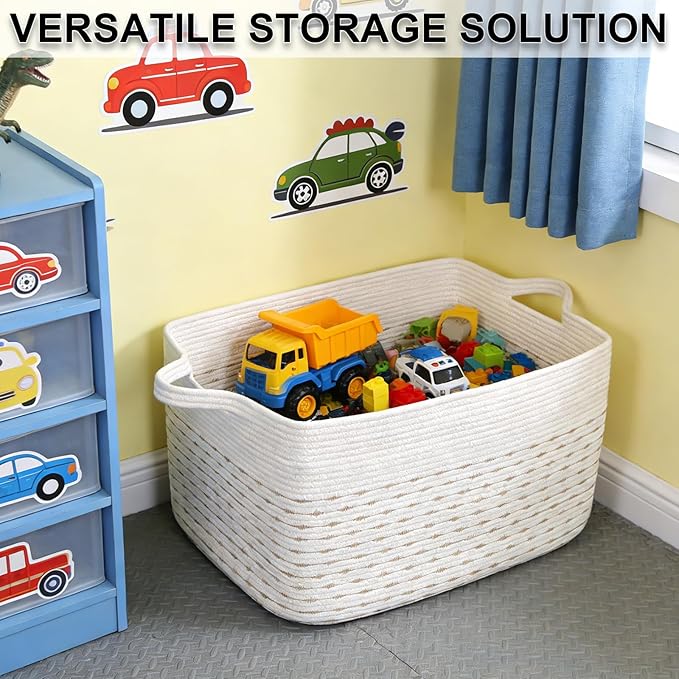 Magazine & Newspaper Baskets,Large Woven Rope Blanket Basket,24"x16"x15"Storage Bin with Handle,Toys Storage,Laundry Basket for Home Organization/Living Room/Nursery/Bedroom,White&Yellow