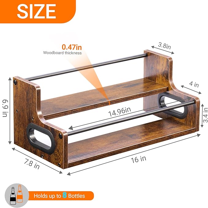 2-Tier Liquor Bottle Display Shelf, Coffee Syrup Rack Organizer, Water Bottle Organizer, Mini Bar Cabinet, Rustic Bar Shelves for Liquor Whiskey, Spirits