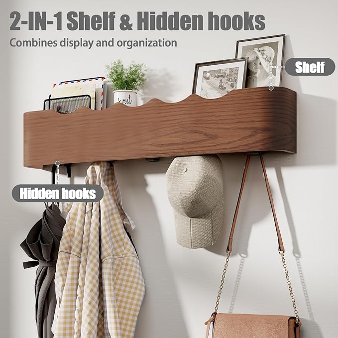 Coat Rack Wall Mount with Shelf 8 Hidden Hooks Modern Wooden Key Holder Entryway Organizer for Hallway Bedroom Bathroom Home Decor Storage for Hanging Coats Hats Bags Towels, Wave-Shape Walnut