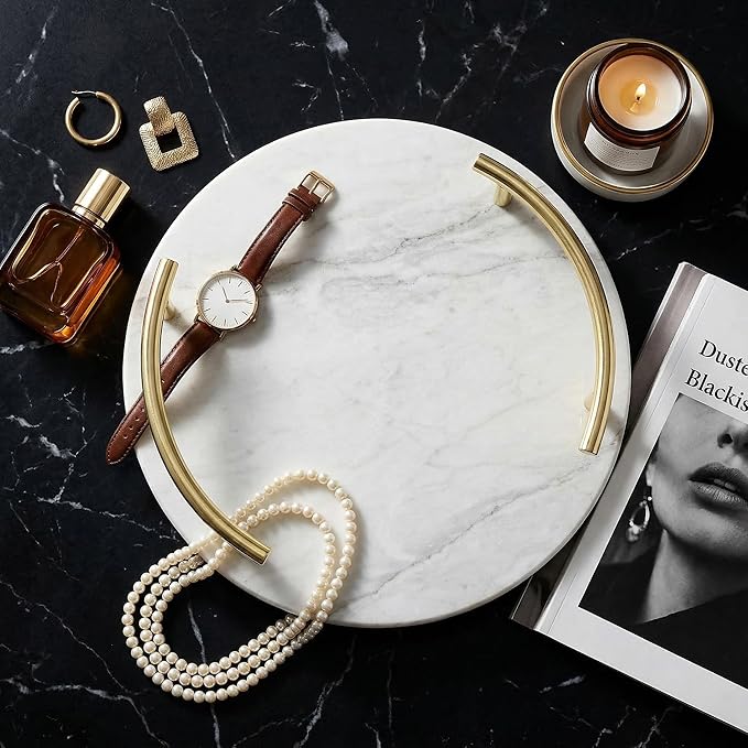 TOPZEA 10 Inch Marble Tray with Gold Handles, Round Vanity Organizer for Perfume, Jewelry, Trinket, Spa Supplies, Bathroom Countertop, Dresser Nightstand Display Tray Decor