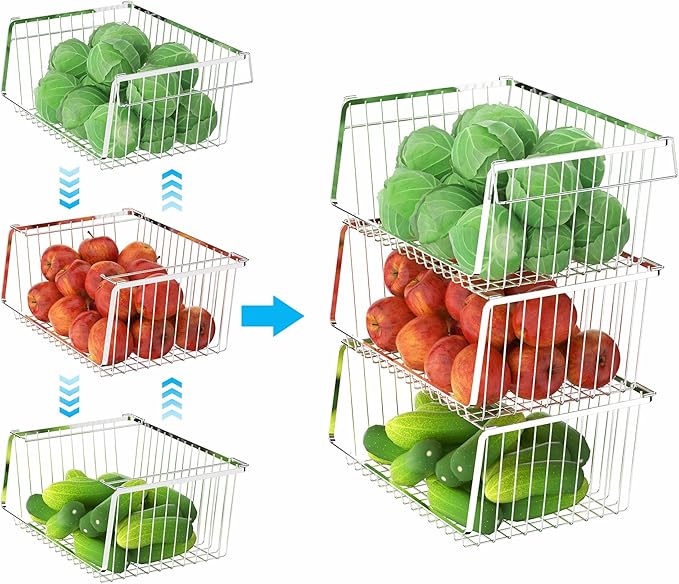 Wire Storage Basket Stackable Organizer Storage Baskets Bins Sturdy Metal Organization with Handles for Pantry, Kitchen, Closets, Bathroom, Cabinets, Kitchen, Set of 3