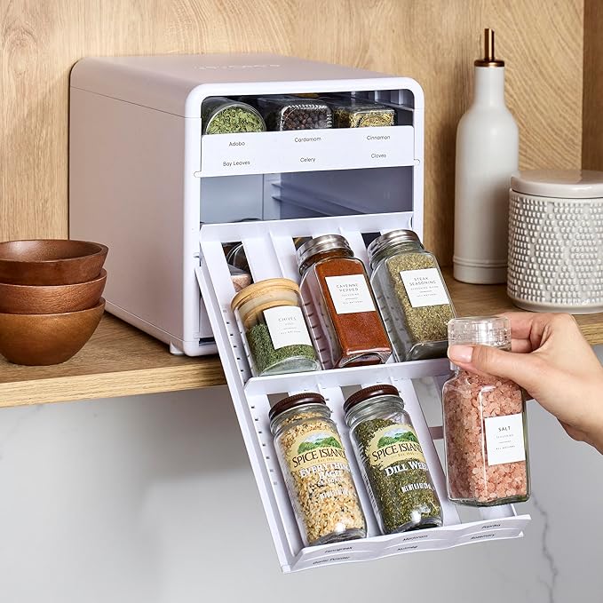 YouCopia SpiceStack,18-Bottle Adjustable Spice Rack Organizer, Pull-Out Seasoning Holder for Kitchen Cabinet and Pantry Storage with 104 Labels and Adjustable Dividers, Speckled White