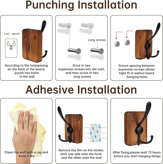4 Pack Wooden Wall Hooks, Adhesive and Screw Mounted for Heavy Duty, Boho Decorative Coat Hooks for Towel, Clothes, Blanket, Hat, Entryway, Nursery Door