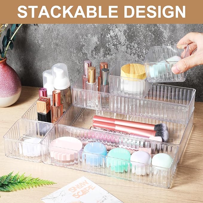 MAQUITA 18 PCS Clear Plastic Drawer Organizer Set 4 Large Size Versatile Kitchen and Bathroom Organizer Trays, Non-Slip Storage Bins for Makeup, Utensils, Tool and Office Desk