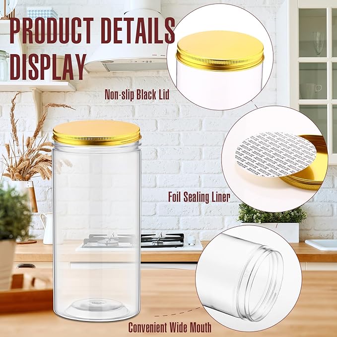 Dandat 16 Pack 30 oz Plastic Jars with Lids Plastic Mason Bottles Container Canister Wide Mouth Cylinders Kitchen Home Organize Storage for Dry Good, Spice, Honey, Candy, Peanut Butter(Gold)