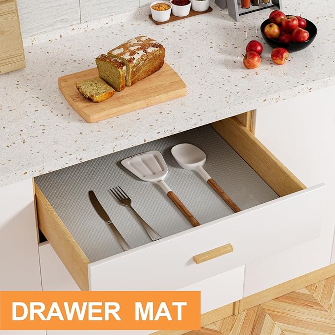FLPMIX Wide Cabinet Shelf Liner: Waterproof Under Sink Mats Light Grey 19" x 300" - Easy to Cut & Clean Large Kitchen Drawer Liner for Pantry Cupboard