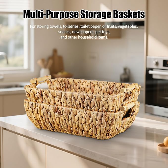 Woven Storage Baskets â Set of 2 Handwoven Water Hyacinth Wicker Baskets with Wooden Handles for Organizing, Decorative Baskets for Laundry Room, Home Decor - 2 Medium