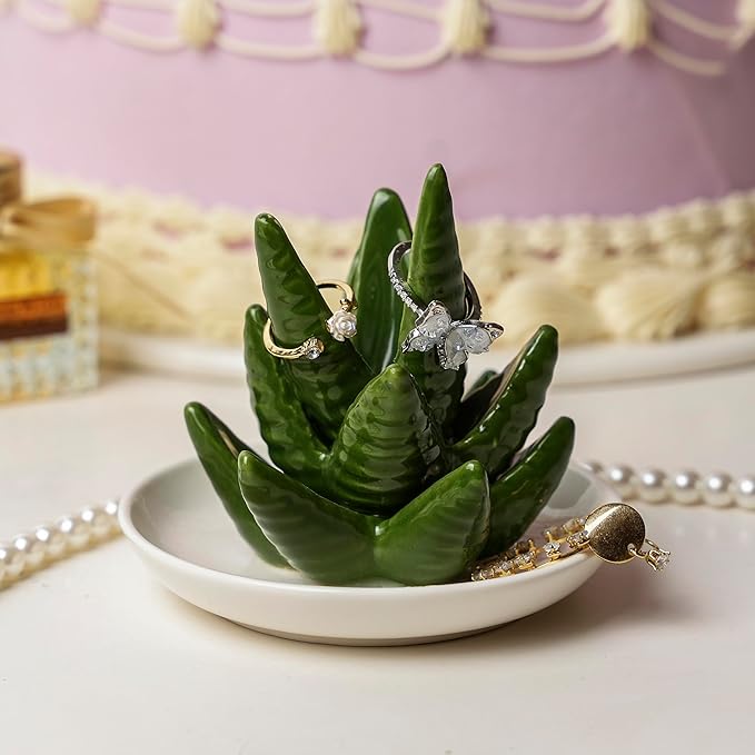 Aloe Ring Holder Ceramic Ring Dish, Jewelry Holder Dish Trinket Tray For Rings Earrings Trinkets Organizer, Christmas Birthday Bridesmaid Gifts for Women
