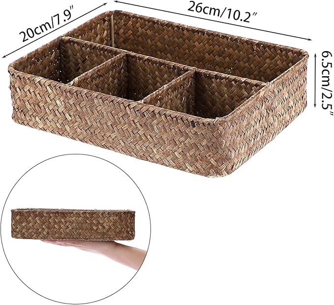 ELLDOO Tea Bag Organizer Tray, Sugar Packet Holder Coffee Pod Storage Condiment Organizer Seagrass Divided Basket for Pantry Drawer Shelf Countertop, Coffee