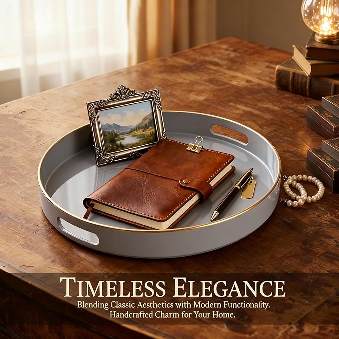 Zosenley Decorative Tray, Round Plastic Tray with Handles, Modern Vanity Tray and Serving Tray for Ottoman, Coffee Table, Kitchen and Bathroom, Size 13â (Gray)