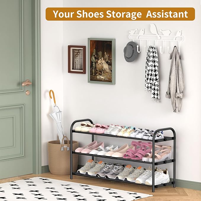 3-Tier Expandable Shoe Rack for Entryway，Adjustable Metal Shoe Organizer for Closet,Living Room,Dorm,Black