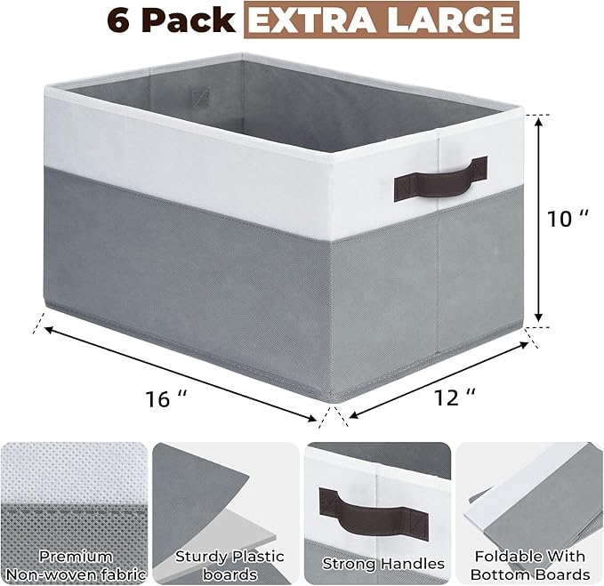 Criusia 6 Pack Clothes Bins for Organization - 16x12 Extra Large Storage Baskets for Shelves Closet Bedroom - Toy Storage Organizer Bins Boxes Cubes for Nursery - RV Apartment Essentials