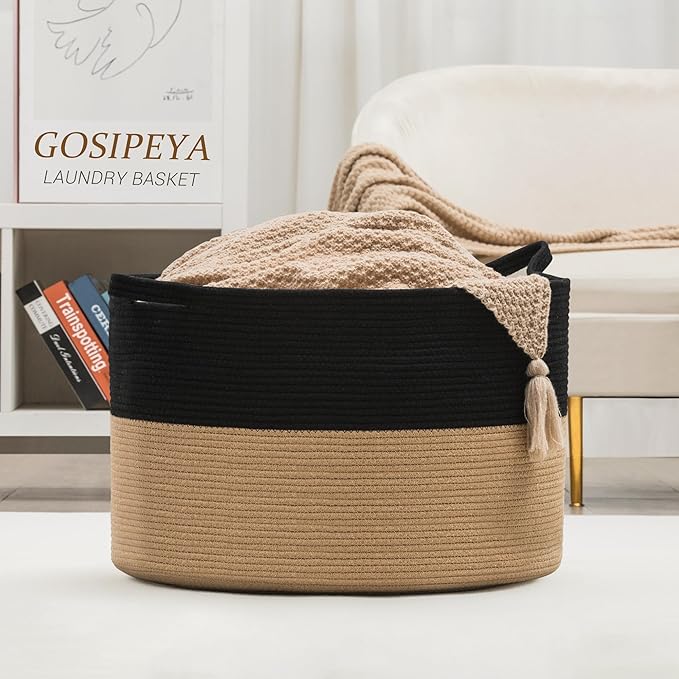 XXXLarge Woven Cotton Rope Basket (21.7" x 13.8") – Blanket Basket for Living Room, Laundry Hamper, Baby Laundry Hamper, Toy Storage, Pillows & Cushions Organizer (Black&Brown)